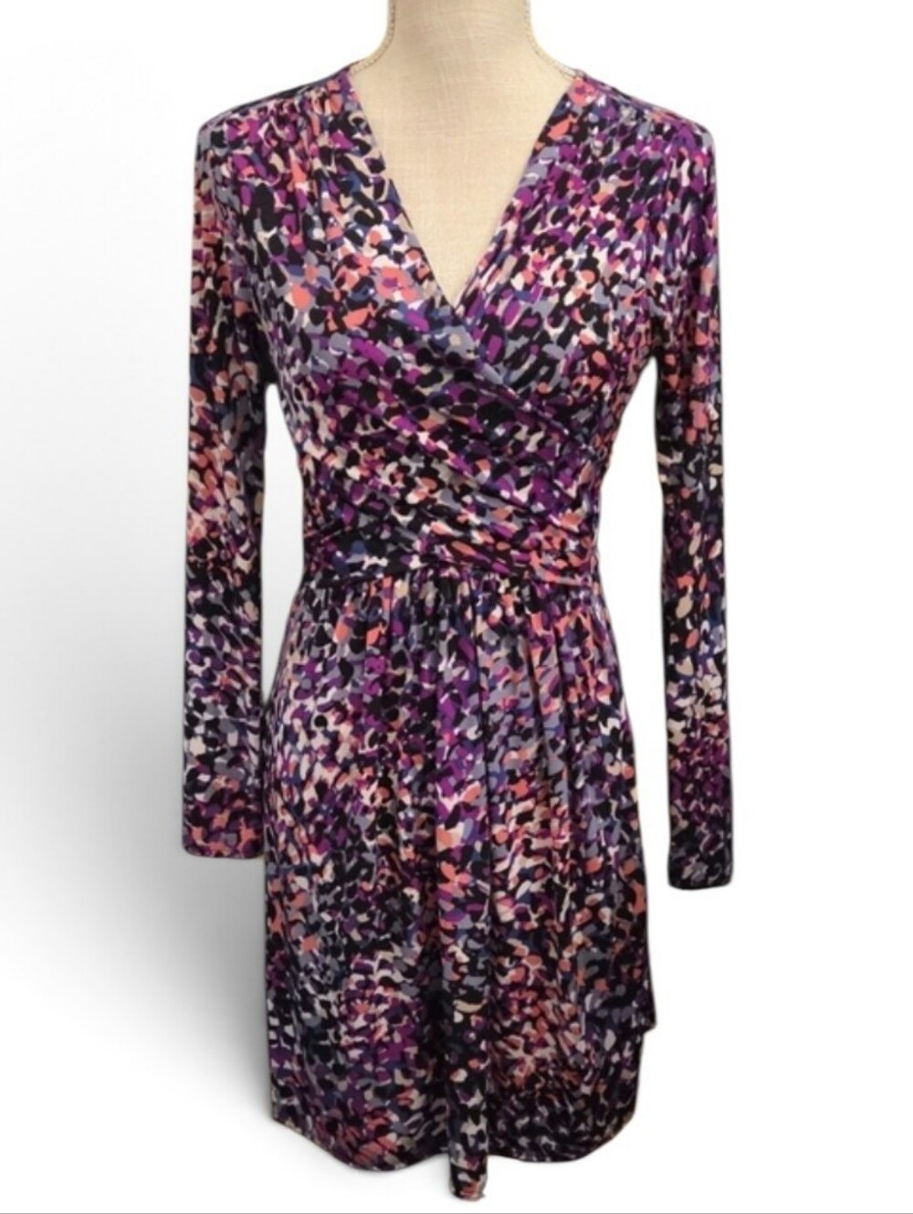 Daisy Fuentes Purple Multi-Print Long Sleeve Wrap Look Dress